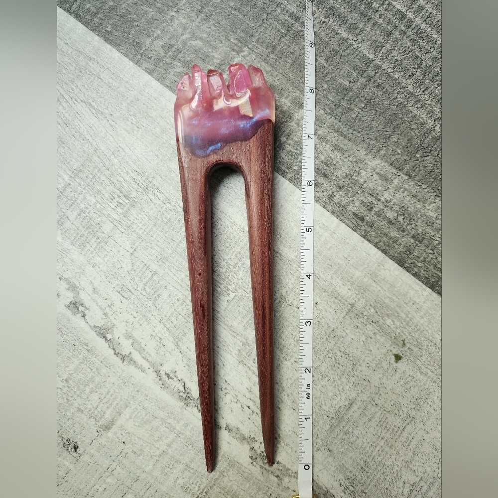 Pink crystal quartz handmade wooden resin hair fork